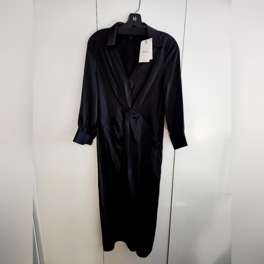 NWT Theory Twist Black Satin Twist Collared Midi Dress Size 6